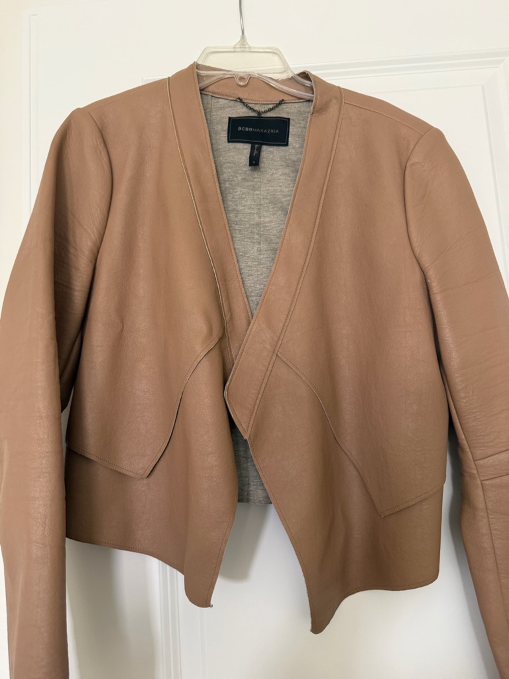 BCBGMaxAzria Tan Draped Leather Open-Front Jacket